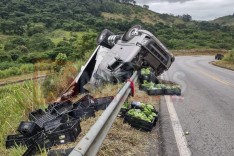 Carreta tomba na rodovia MGC-120 em Capoeirana e quase toda carga de banana é saqueada em Nova Era 
